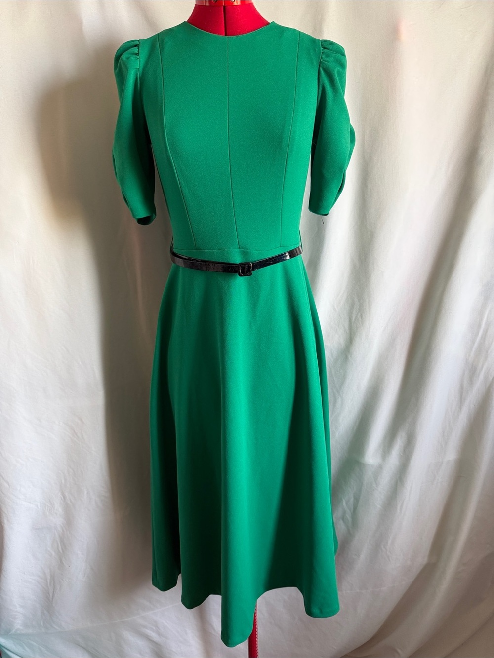 DKNY Vibrant Green Midi Dress with Puff Shoulders XS50